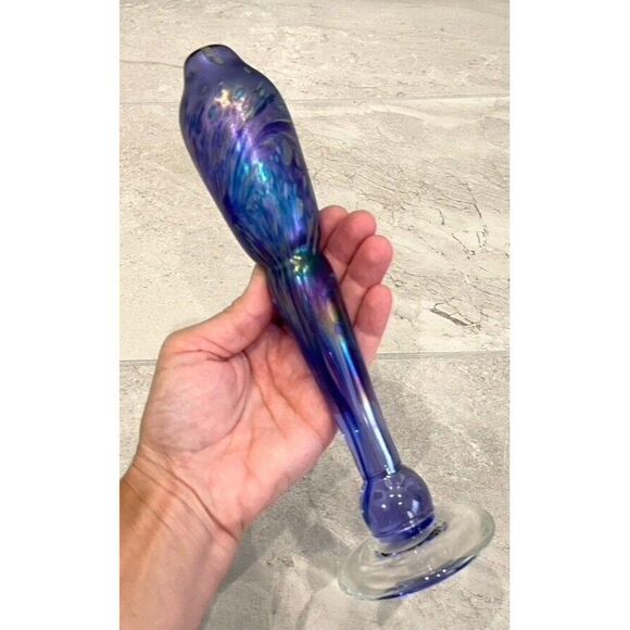 Brian Maytum Blown Glass Torchiere Oil Lamp Purple Iridescent Signed Dated 1985 - Picture 4 of 8